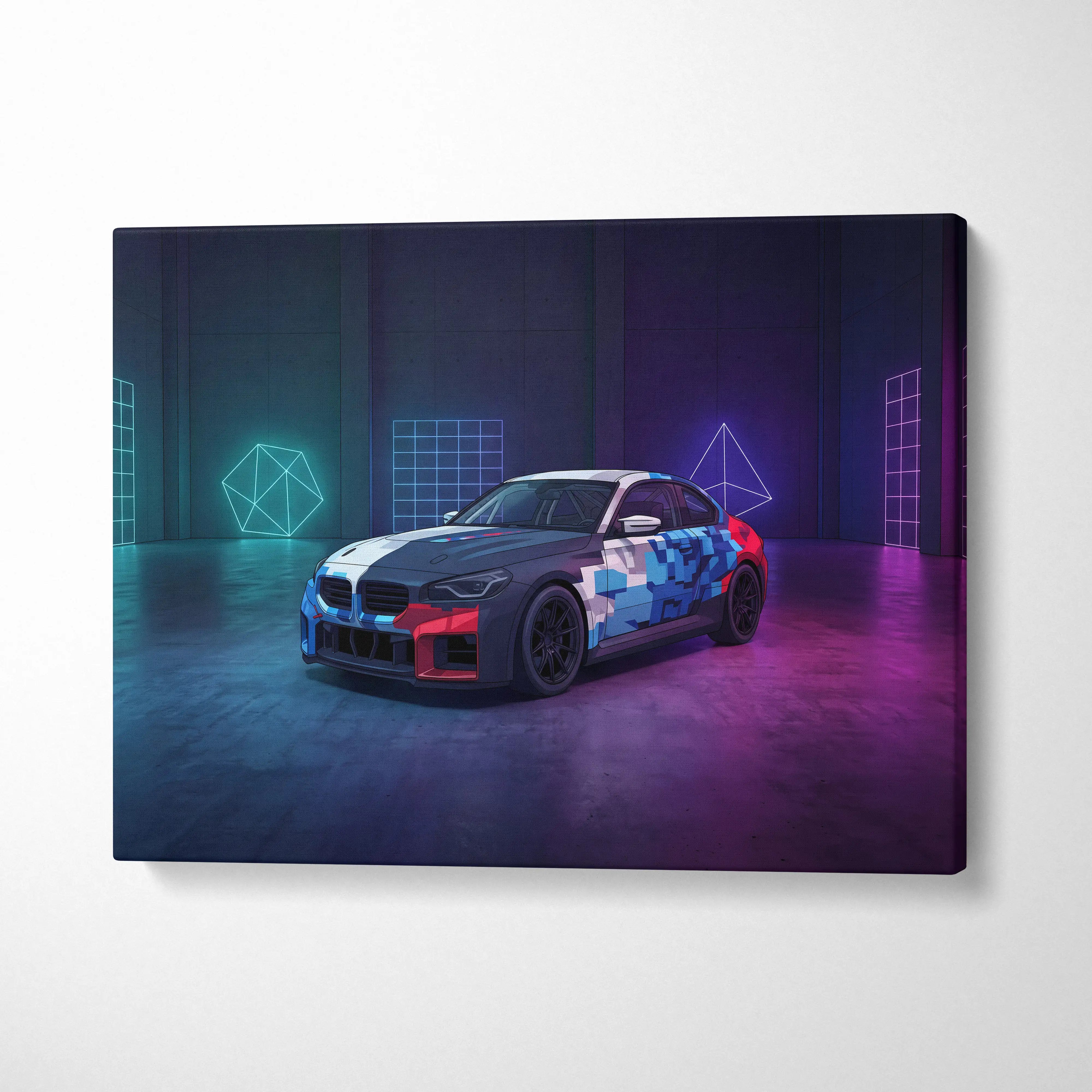 BMW M4 GT3 Inspired Vaporwave Car Canvas - Vaporwave Car Neon Colors Living Room Retro Futurism Nostalgic Mood Neon Wall Decor Canvas