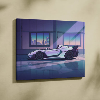 Lamborghini SC20 Inspired Silver Purple Canvas Wall Art, Vaporwave Hypercar Artwork, Neon City Garage Decor, Retro Futuristic Exotic Print