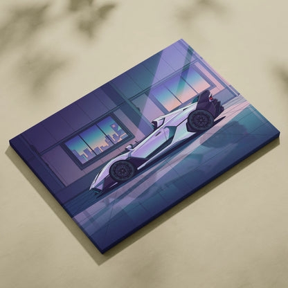 Lamborghini SC20 Inspired Silver Purple Canvas Wall Art, Vaporwave Hypercar Artwork, Neon City Garage Decor, Retro Futuristic Exotic Print