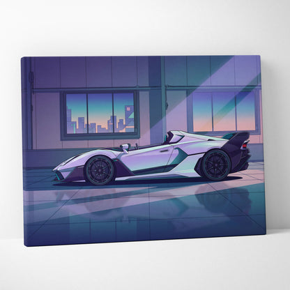 Lamborghini SC20 Inspired Silver Purple Canvas Wall Art, Vaporwave Hypercar Artwork, Neon City Garage Decor, Retro Futuristic Exotic Print