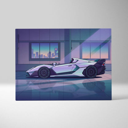 Lamborghini SC20 Inspired Silver Purple Canvas Wall Art, Vaporwave Hypercar Artwork, Neon City Garage Decor, Retro Futuristic Exotic Print