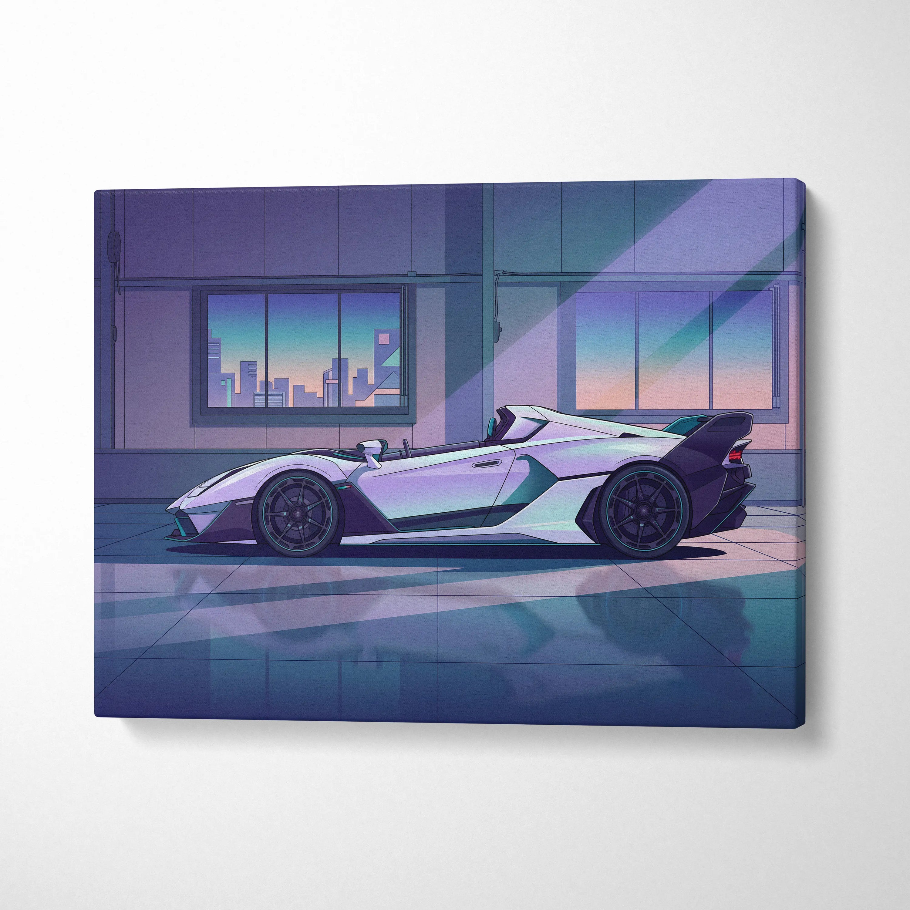 Lamborghini SC20 Inspired Silver Purple Canvas Wall Art, Vaporwave Hypercar Artwork, Neon City Garage Decor, Retro Futuristic Exotic Print