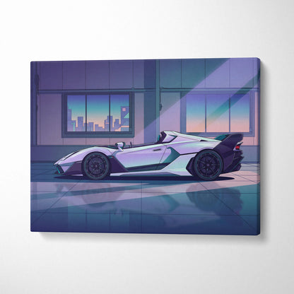 Lamborghini SC20 Inspired Silver Purple Canvas Wall Art, Vaporwave Hypercar Artwork, Neon City Garage Decor, Retro Futuristic Exotic Print