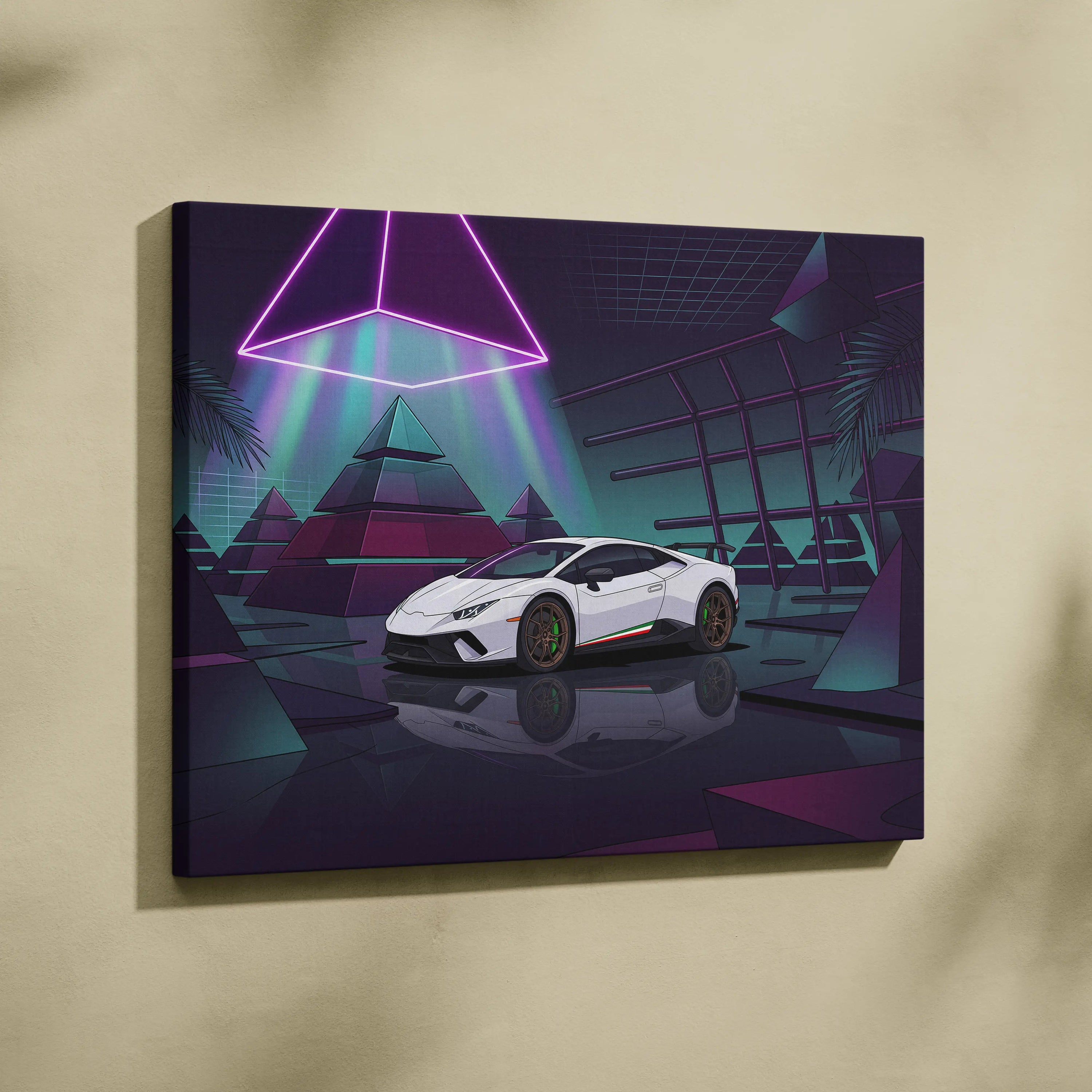 Lamborghini Huracan Performante Inspired White Purple Canvas Wall Art Vaporwave Supercar Artwork Neon Pyramid Garage Decor Futuristic Print