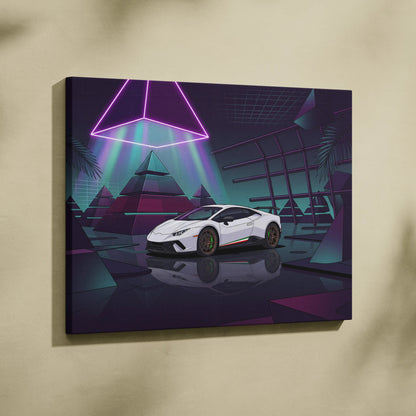 Lamborghini Huracan Performante Inspired White Purple Canvas Wall Art Vaporwave Supercar Artwork Neon Pyramid Garage Decor Futuristic Print
