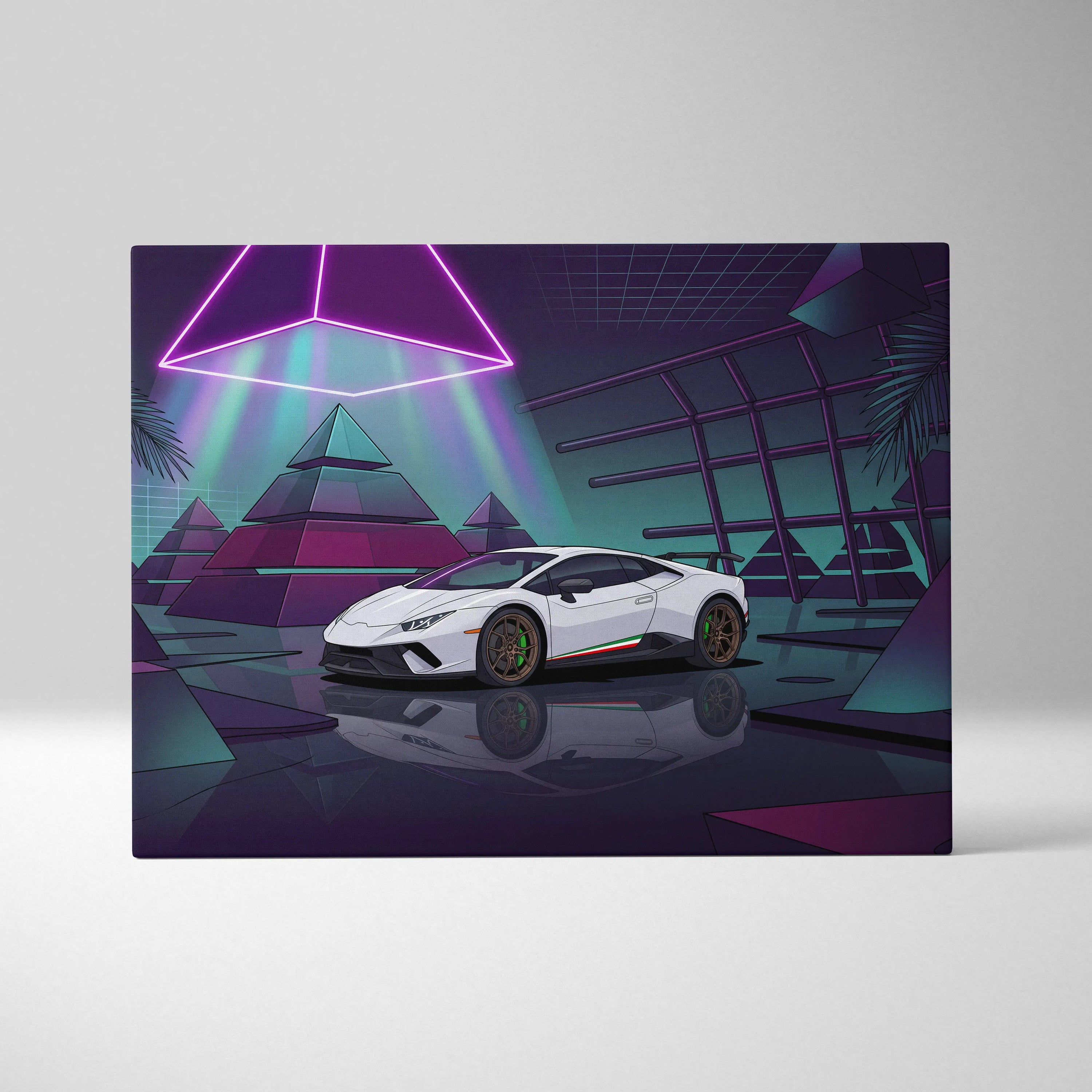 Lamborghini Huracan Performante Inspired White Purple Canvas Wall Art Vaporwave Supercar Artwork Neon Pyramid Garage Decor Futuristic Print