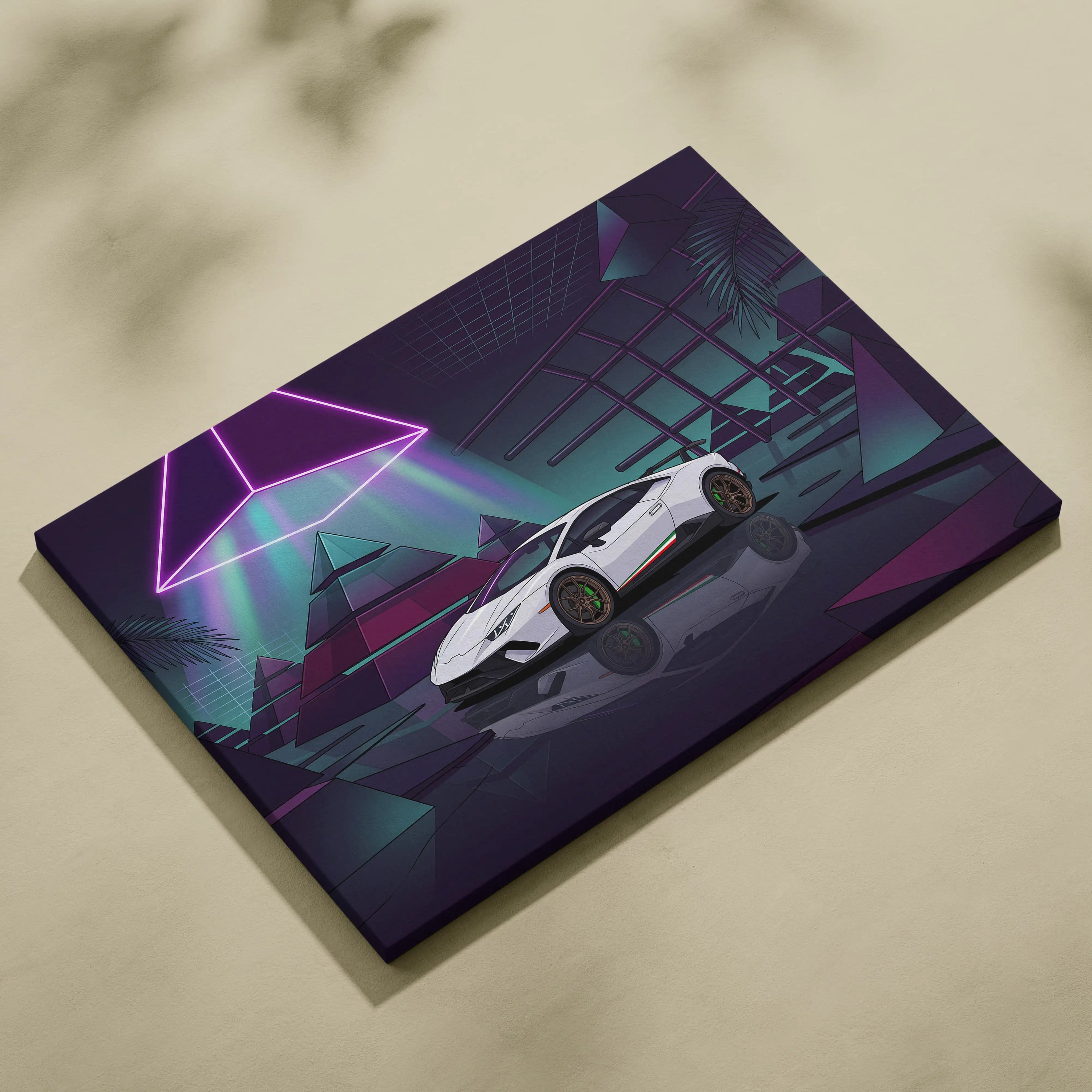 Lamborghini Huracan Performante Inspired White Purple Canvas Wall Art Vaporwave Supercar Artwork Neon Pyramid Garage Decor Futuristic Print