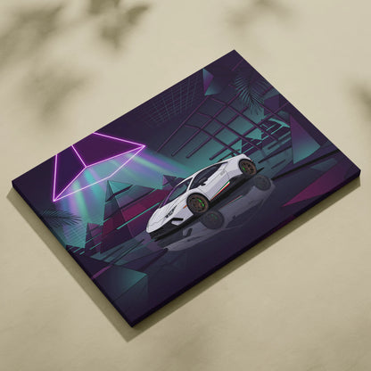 Lamborghini Huracan Performante Inspired White Purple Canvas Wall Art Vaporwave Supercar Artwork Neon Pyramid Garage Decor Futuristic Print
