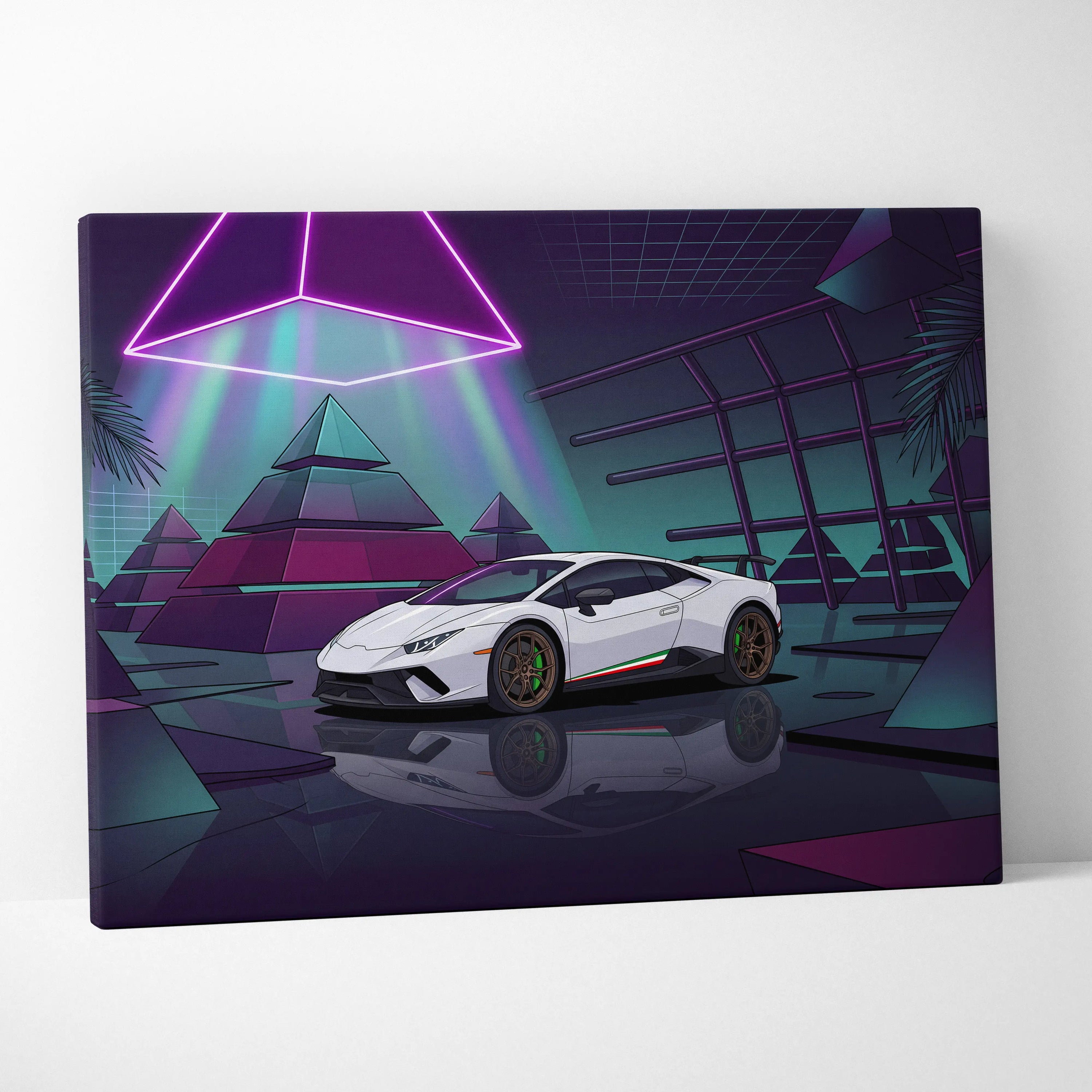 Lamborghini Huracan Performante Inspired White Purple Canvas Wall Art Vaporwave Supercar Artwork Neon Pyramid Garage Decor Futuristic Print