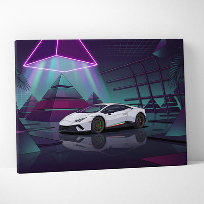Lamborghini Huracan Performante Inspired White Purple Canvas Wall Art Vaporwave Supercar Artwork Neon Pyramid Garage Decor Futuristic Print