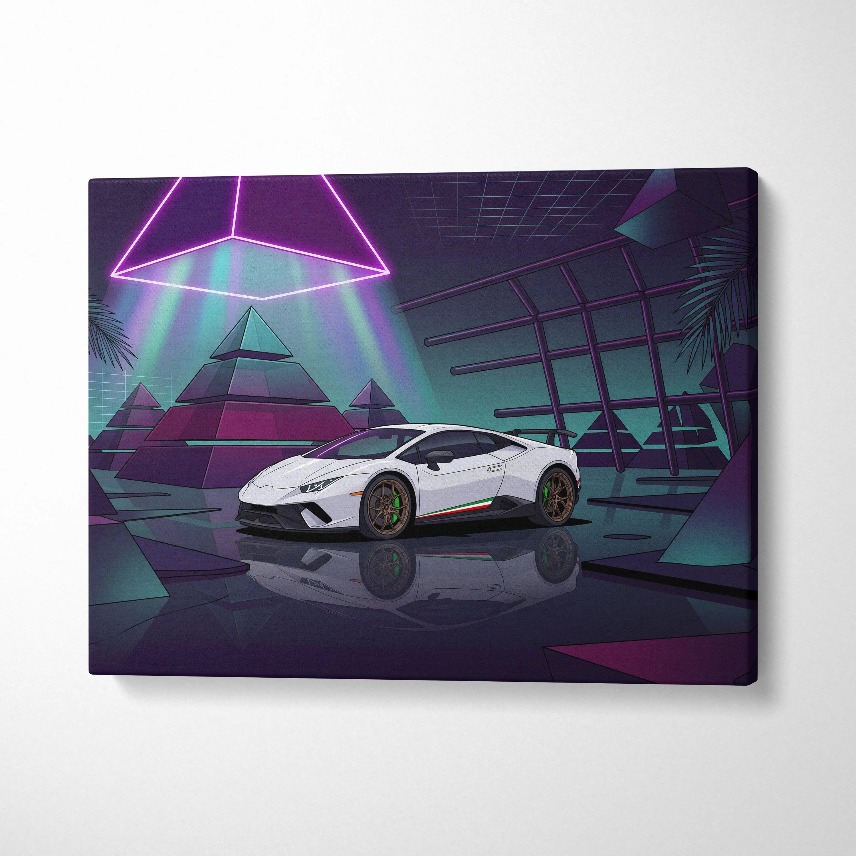 Lamborghini Huracan Performante Inspired White Purple Canvas Wall Art Vaporwave Supercar Artwork Neon Pyramid Garage Decor Futuristic Print