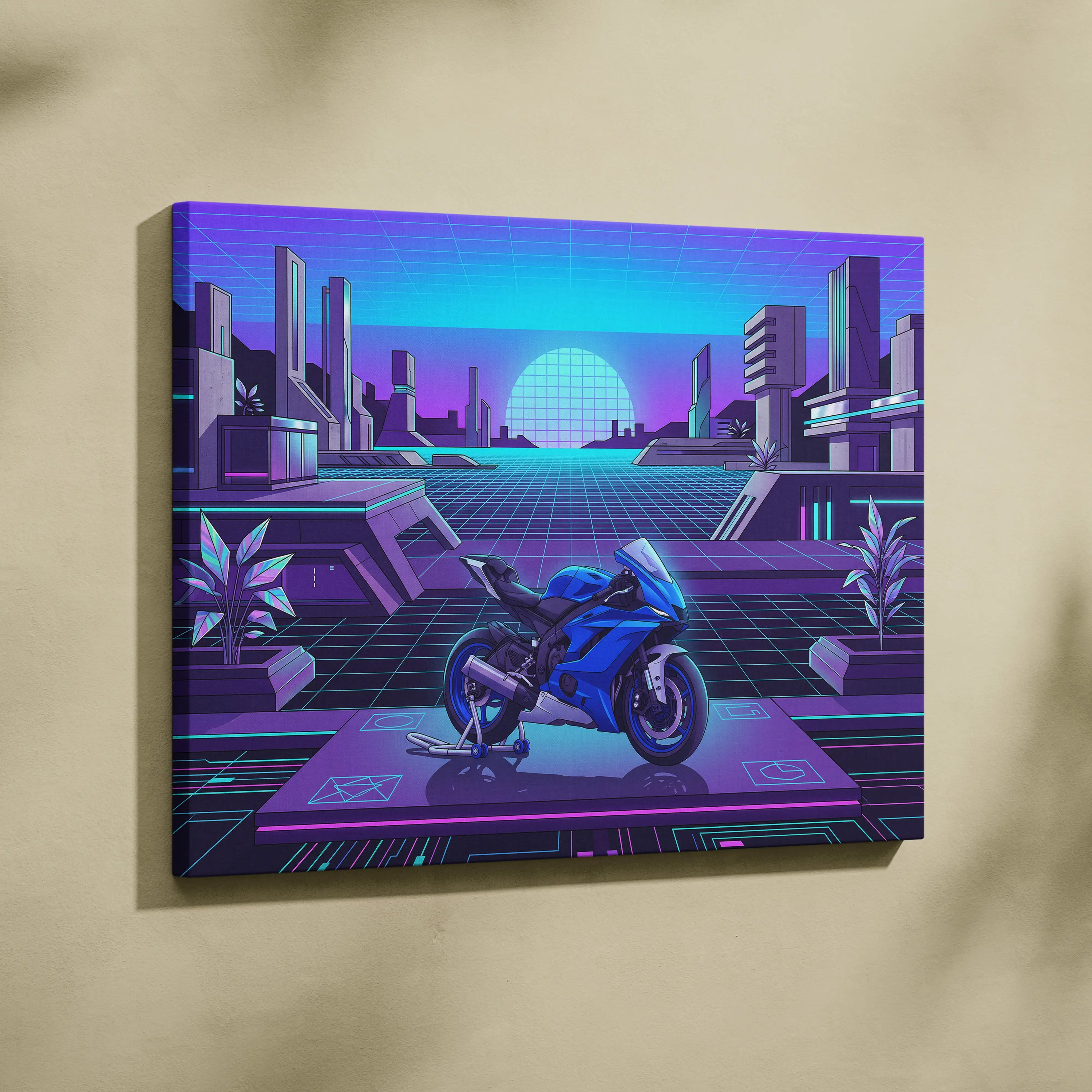 Yamaha YZF-R6 Inspired Blue Purple Motorcycle Canvas Wall Art Vaporwave Neon Futuristic Garage Decor Cyberpunk Sportbike Artwork