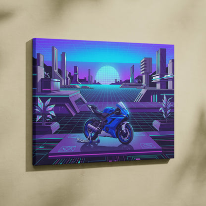 Yamaha YZF-R6 Inspired Blue Purple Motorcycle Canvas Wall Art Vaporwave Neon Futuristic Garage Decor Cyberpunk Sportbike Artwork