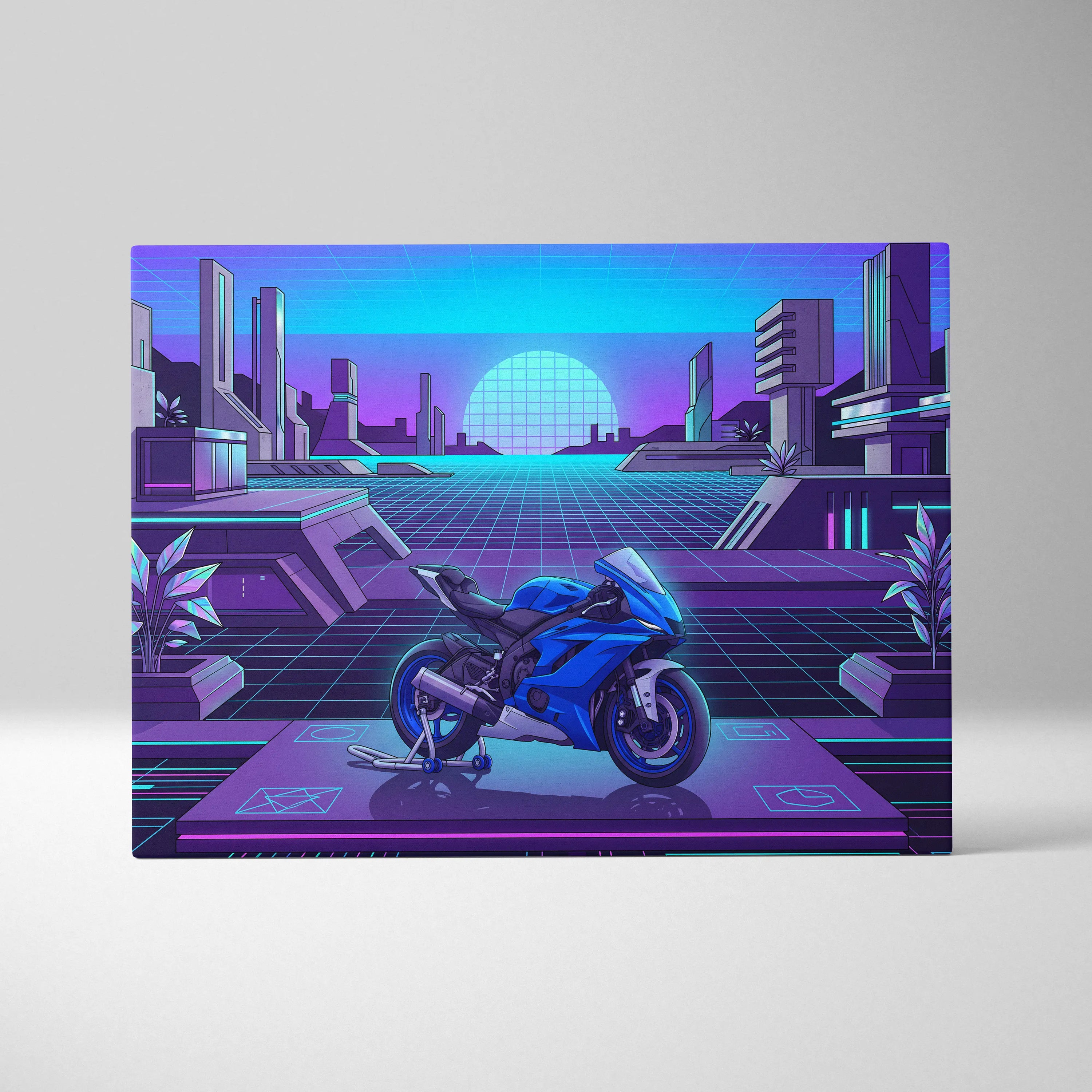 Yamaha YZF-R6 Inspired Blue Purple Motorcycle Canvas Wall Art Vaporwave Neon Futuristic Garage Decor Cyberpunk Sportbike Artwork