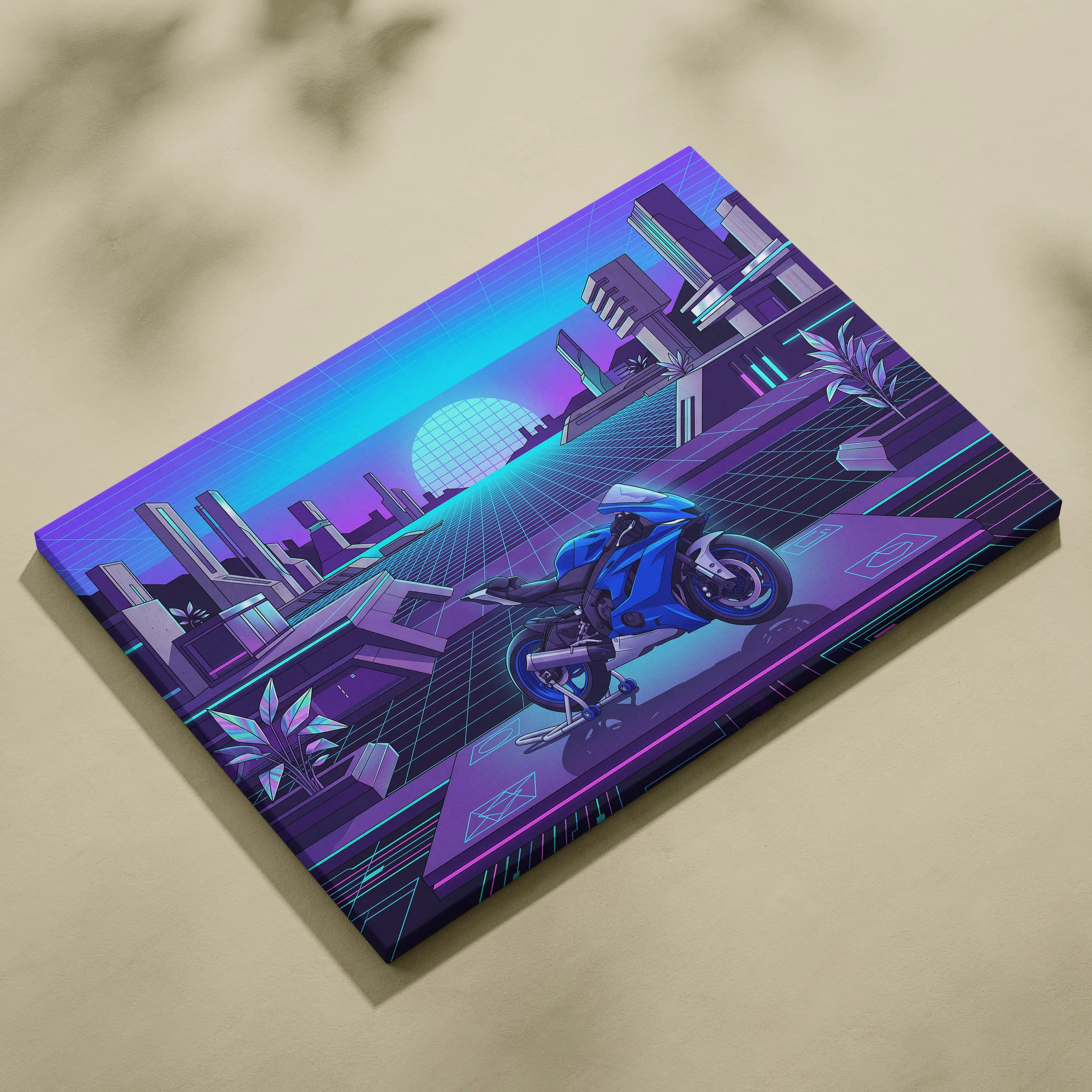 Yamaha YZF-R6 Inspired Blue Purple Motorcycle Canvas Wall Art Vaporwave Neon Futuristic Garage Decor Cyberpunk Sportbike Artwork
