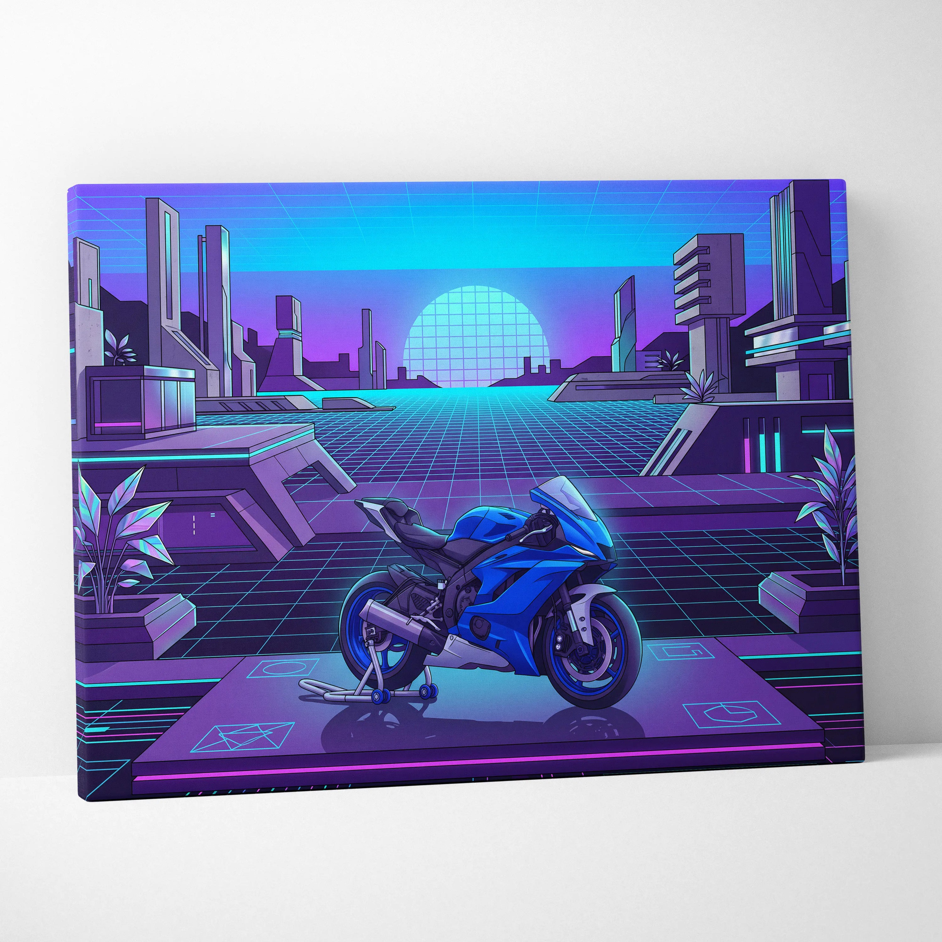Yamaha YZF-R6 Inspired Blue Purple Motorcycle Canvas Wall Art Vaporwave Neon Futuristic Garage Decor Cyberpunk Sportbike Artwork