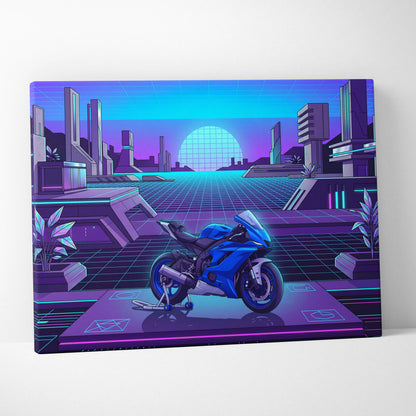 Yamaha YZF-R6 Inspired Blue Purple Motorcycle Canvas Wall Art Vaporwave Neon Futuristic Garage Decor Cyberpunk Sportbike Artwork