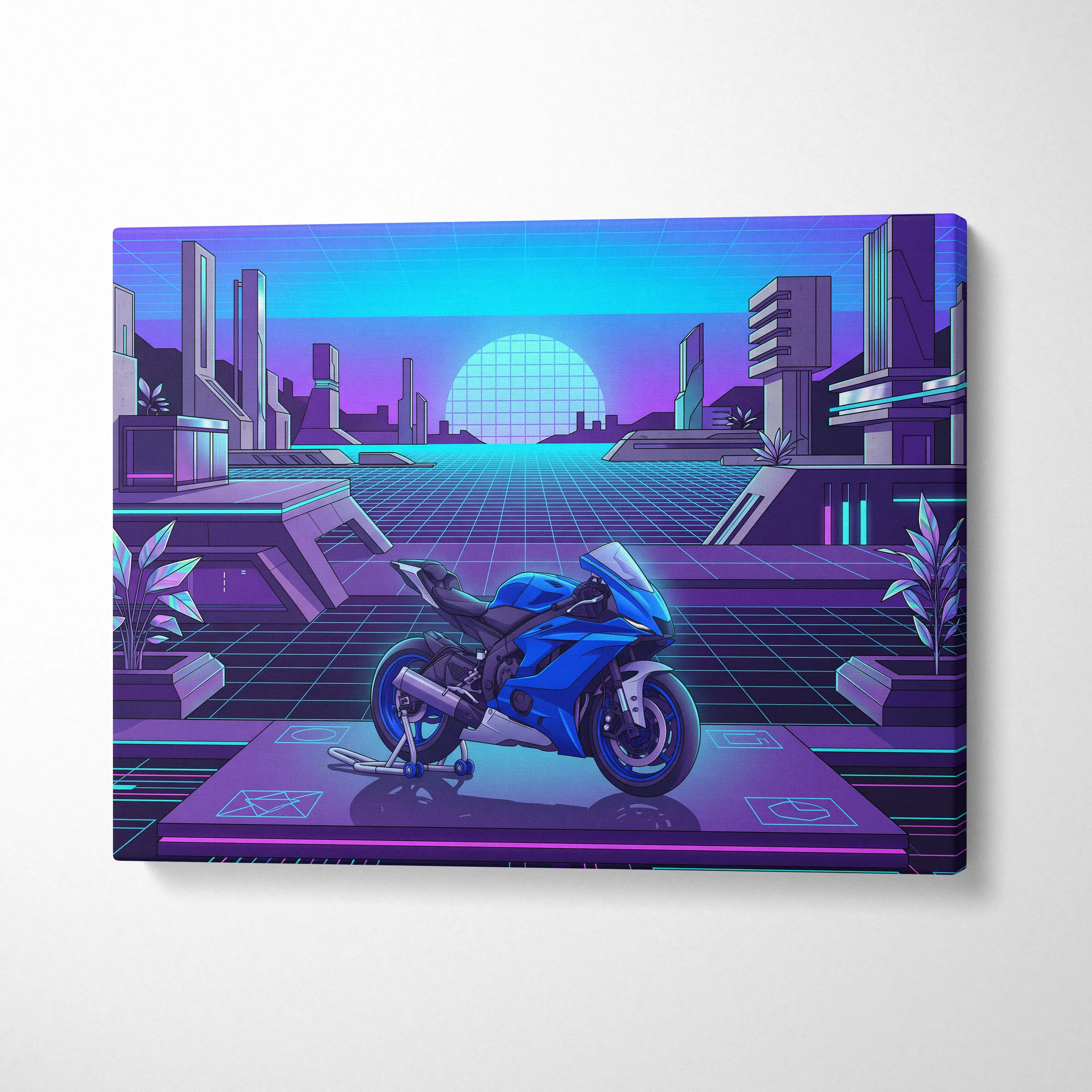 Yamaha YZF-R6 Inspired Blue Purple Motorcycle Canvas Wall Art Vaporwave Neon Futuristic Garage Decor Cyberpunk Sportbike Artwork