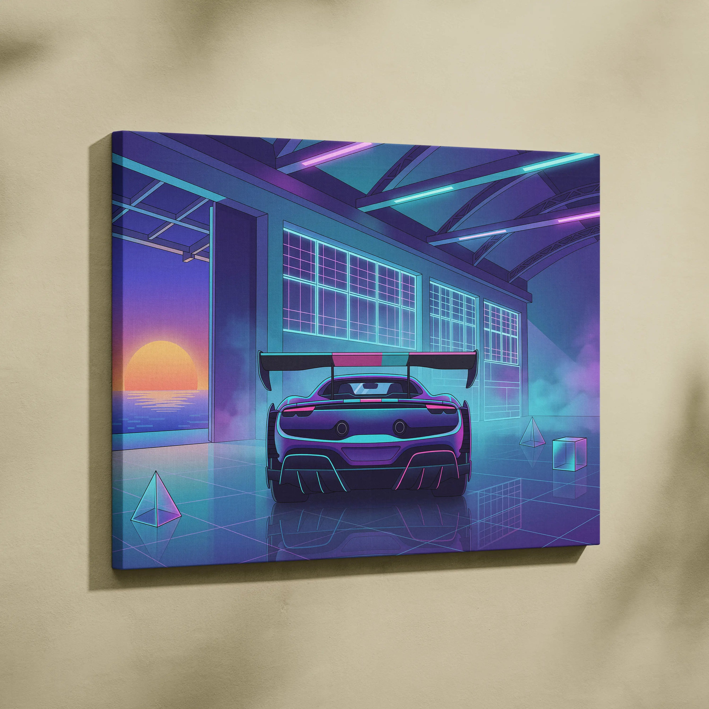 Ferrari 296 Challenge Inspired Teal Purple Canvas Wall Art Vaporwave Supercar Artwork Neon Garage Decor Retro Futuristic Luxury Car Print