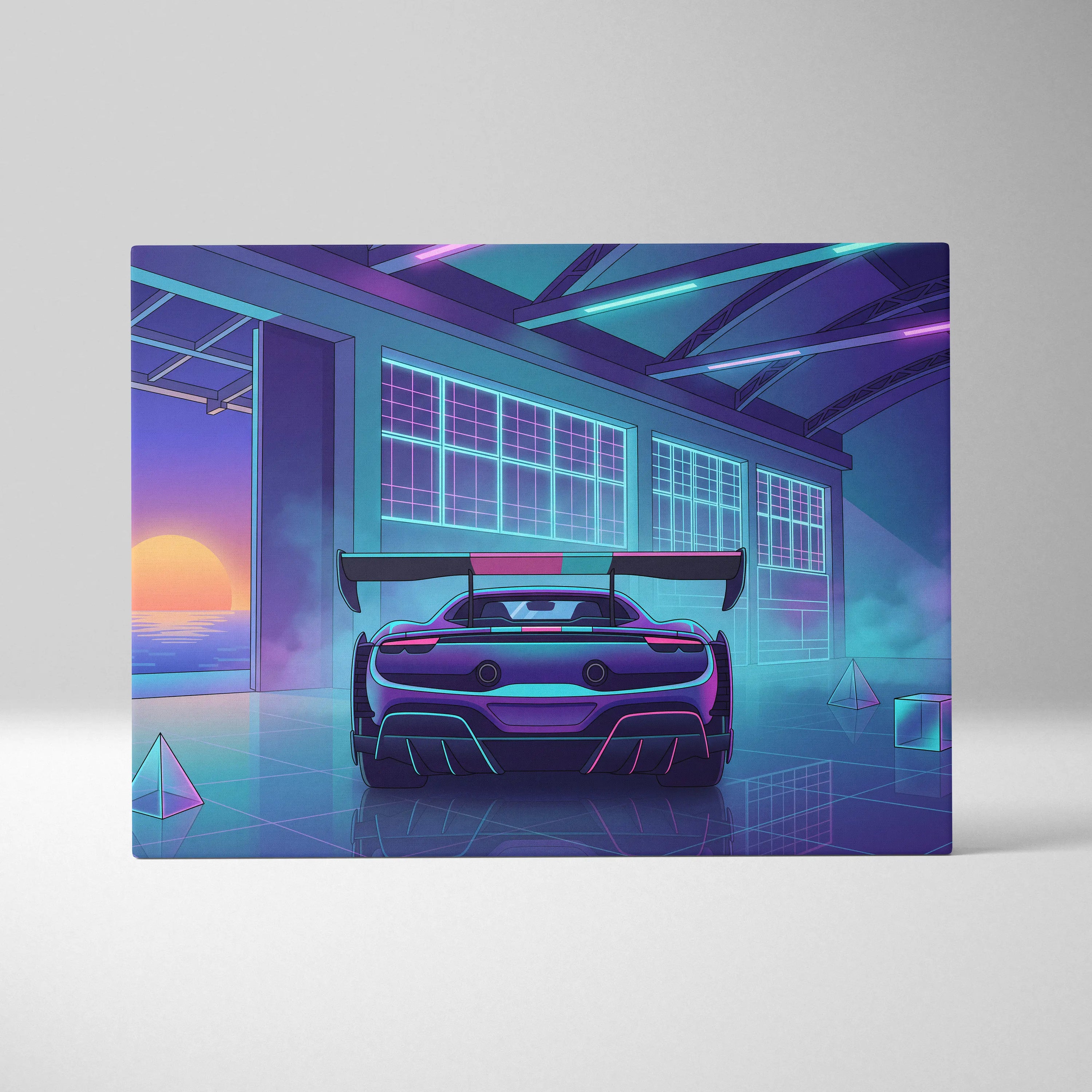 Ferrari 296 Challenge Inspired Teal Purple Canvas Wall Art Vaporwave Supercar Artwork Neon Garage Decor Retro Futuristic Luxury Car Print