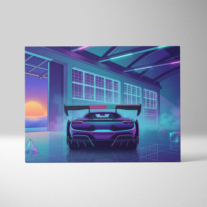 Ferrari 296 Challenge Inspired Teal Purple Canvas Wall Art Vaporwave Supercar Artwork Neon Garage Decor Retro Futuristic Luxury Car Print