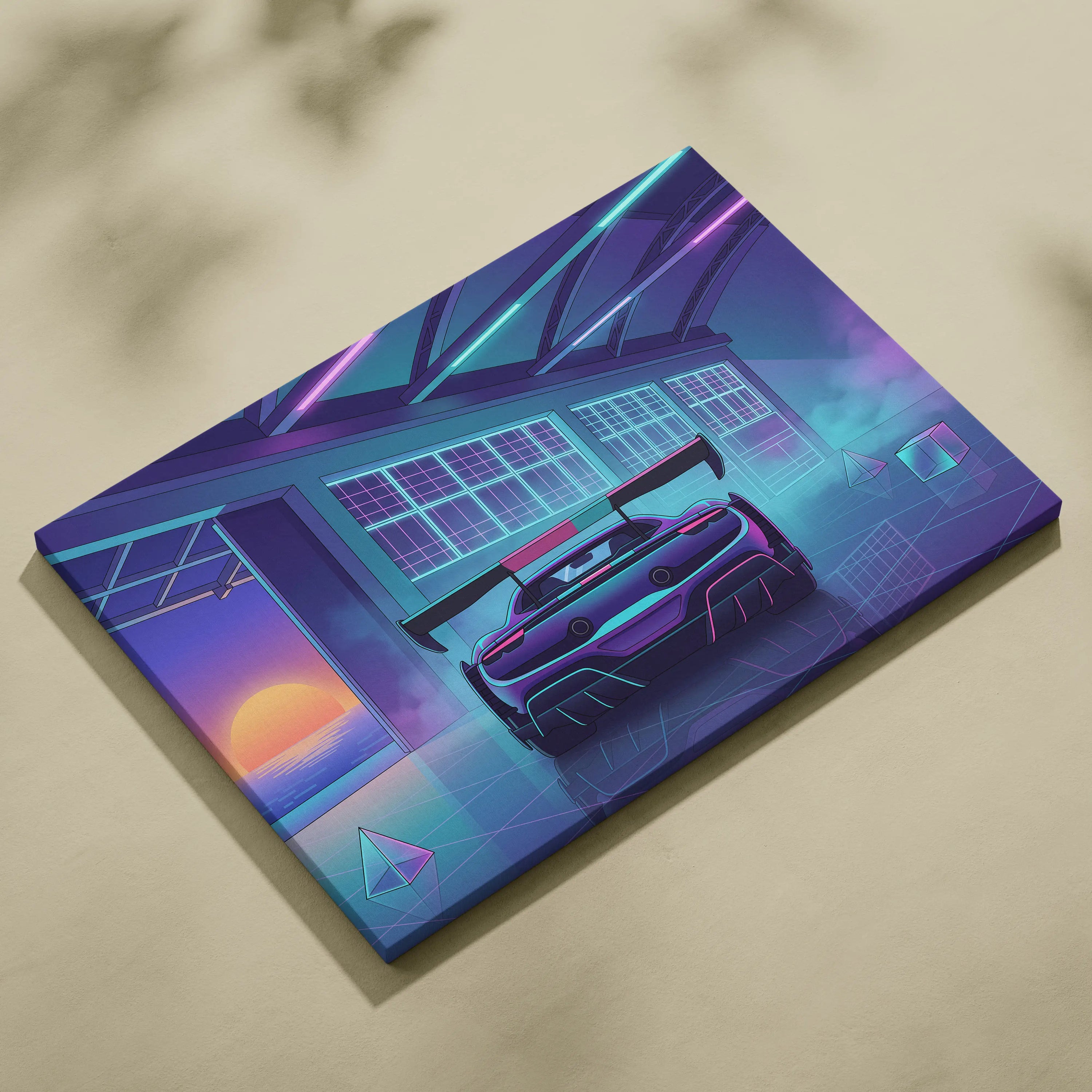 Ferrari 296 Challenge Inspired Teal Purple Canvas Wall Art Vaporwave Supercar Artwork Neon Garage Decor Retro Futuristic Luxury Car Print