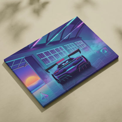 Ferrari 296 Challenge Inspired Teal Purple Canvas Wall Art Vaporwave Supercar Artwork Neon Garage Decor Retro Futuristic Luxury Car Print