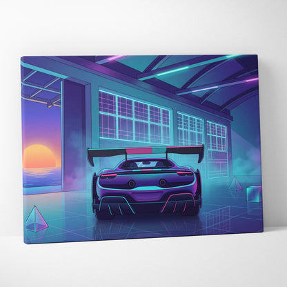 Ferrari 296 Challenge Inspired Teal Purple Canvas Wall Art Vaporwave Supercar Artwork Neon Garage Decor Retro Futuristic Luxury Car Print