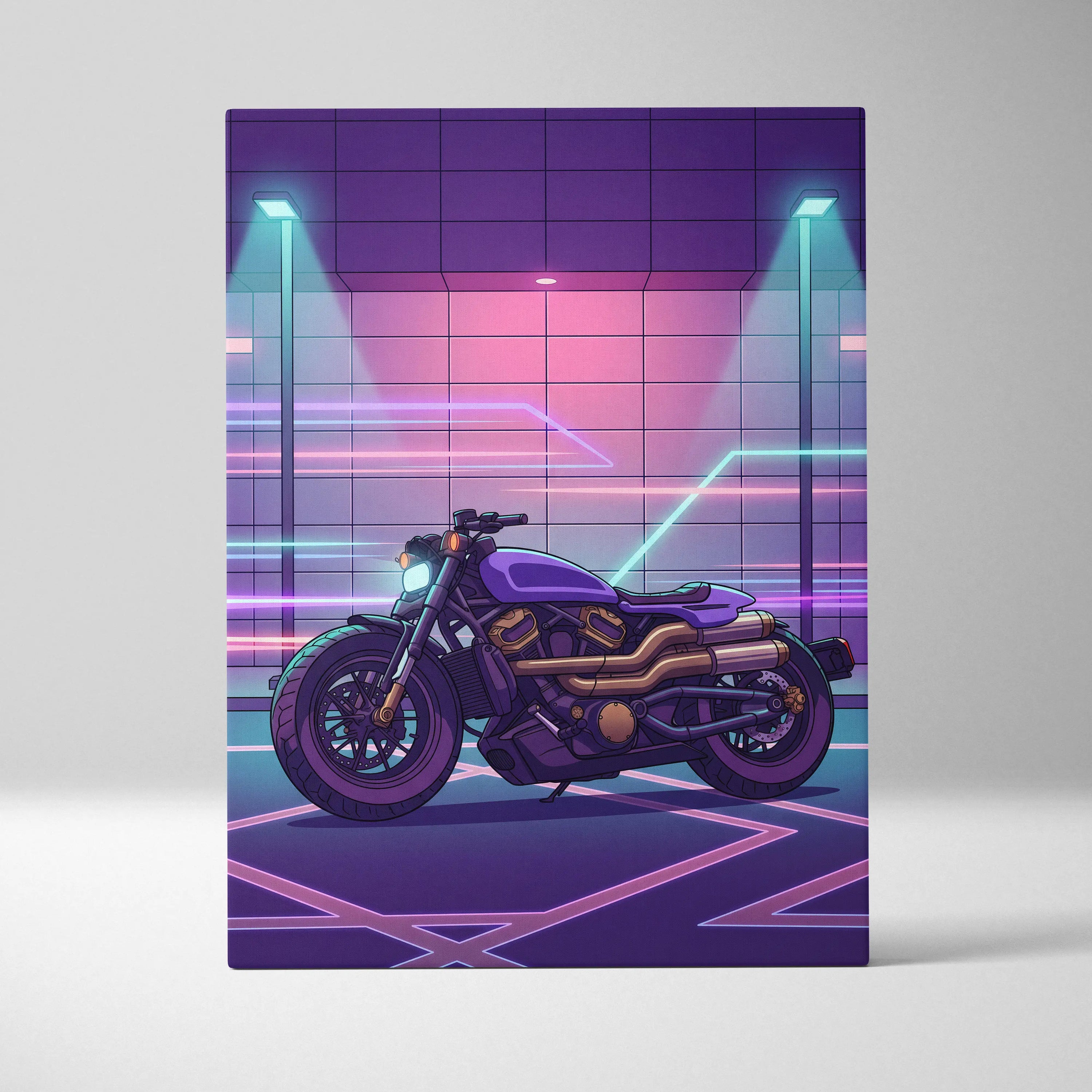 Sportster S Inspired Purple Cyan Motorcycle Canvas Wall Art Vaporwave Neon Cruiser Garage Decor Retro Futuristic Artwork