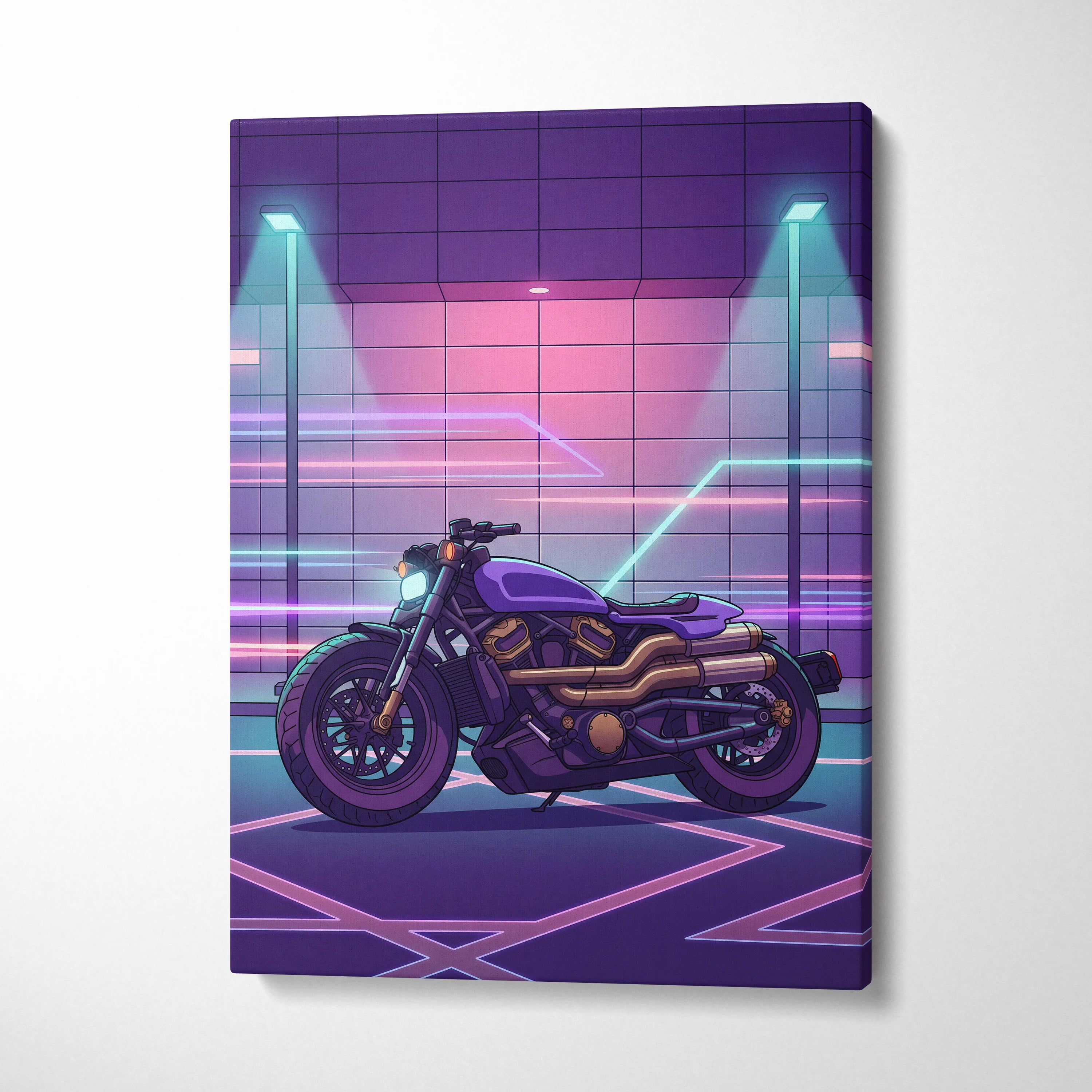 Sportster S Inspired Purple Cyan Motorcycle Canvas Wall Art Vaporwave Neon Cruiser Garage Decor Retro Futuristic Artwork