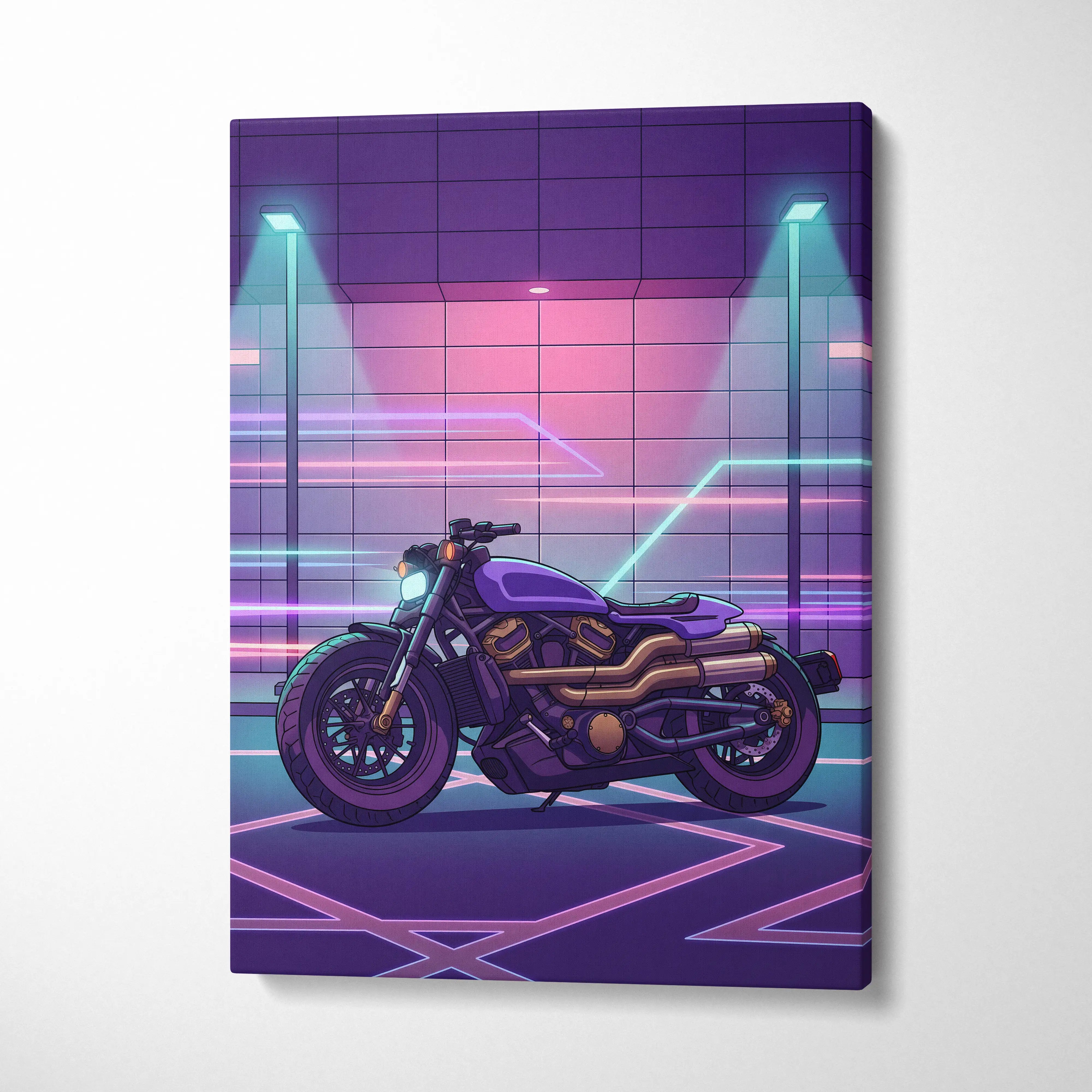 Sportster S Inspired Purple Cyan Motorcycle Canvas Wall Art Vaporwave Neon Cruiser Garage Decor Retro Futuristic Artwork