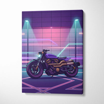 Sportster S Inspired Purple Cyan Motorcycle Canvas Wall Art Vaporwave Neon Cruiser Garage Decor Retro Futuristic Artwork