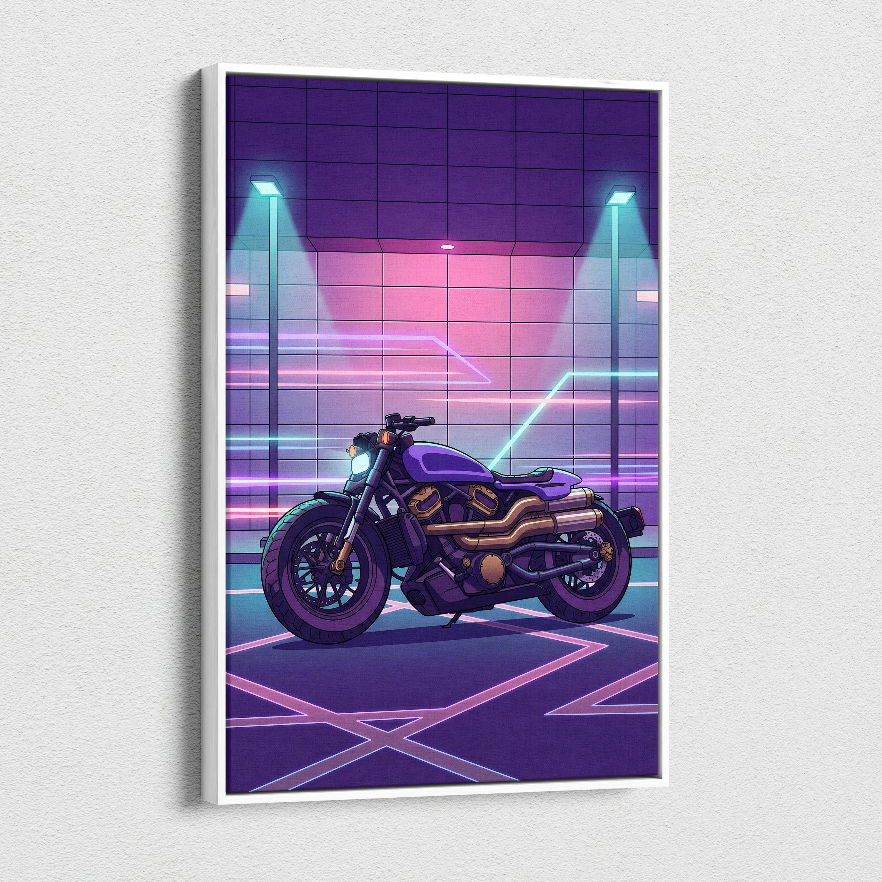 Sportster S Inspired Purple Cyan Motorcycle Canvas Wall Art Vaporwave Neon Cruiser Garage Decor Retro Futuristic Artwork