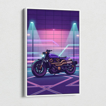 Sportster S Inspired Purple Cyan Motorcycle Canvas Wall Art Vaporwave Neon Cruiser Garage Decor Retro Futuristic Artwork