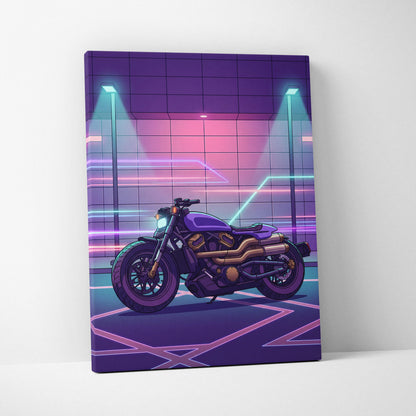 Sportster S Inspired Purple Cyan Motorcycle Canvas Wall Art Vaporwave Neon Cruiser Garage Decor Retro Futuristic Artwork