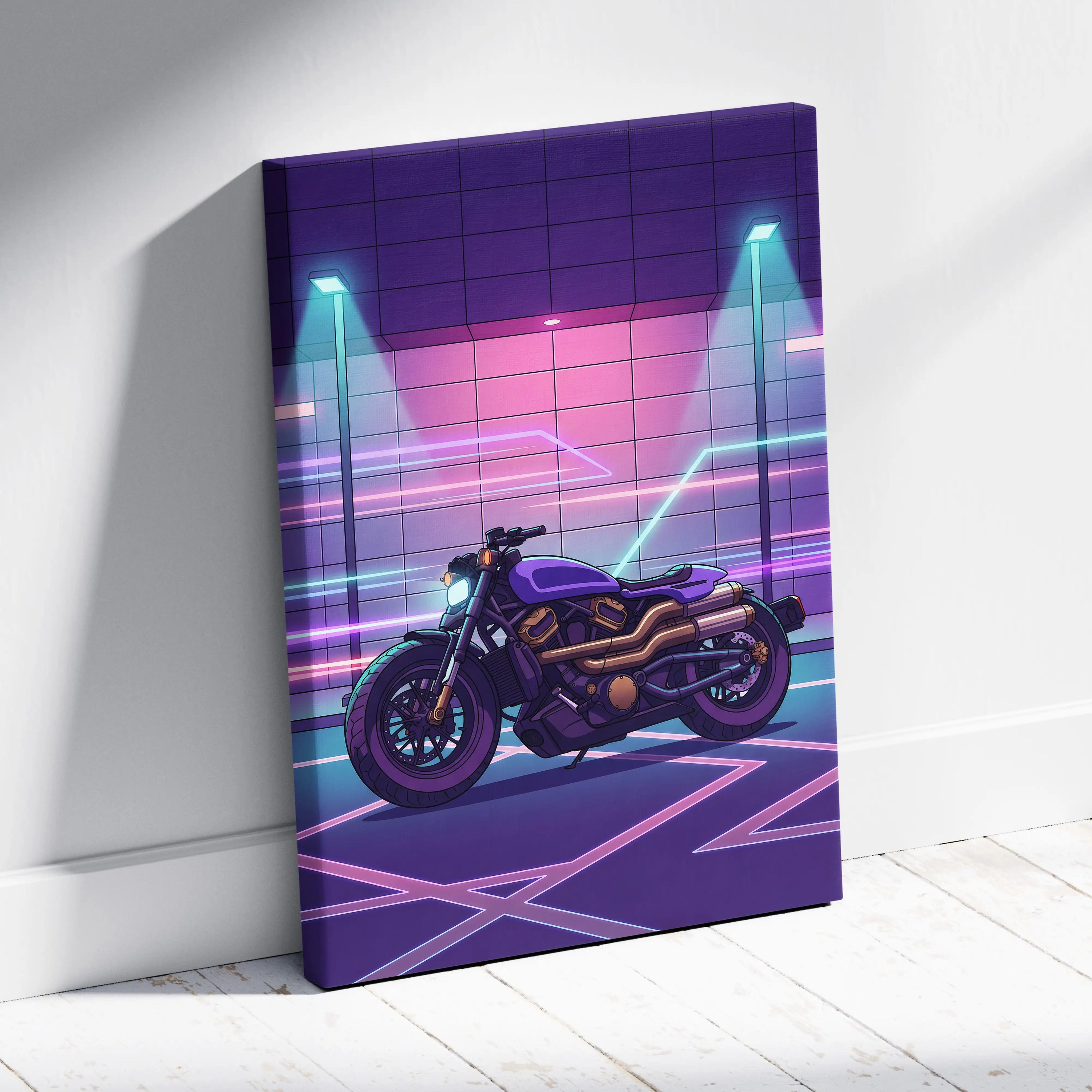Sportster S Inspired Purple Cyan Motorcycle Canvas Wall Art Vaporwave Neon Cruiser Garage Decor Retro Futuristic Artwork