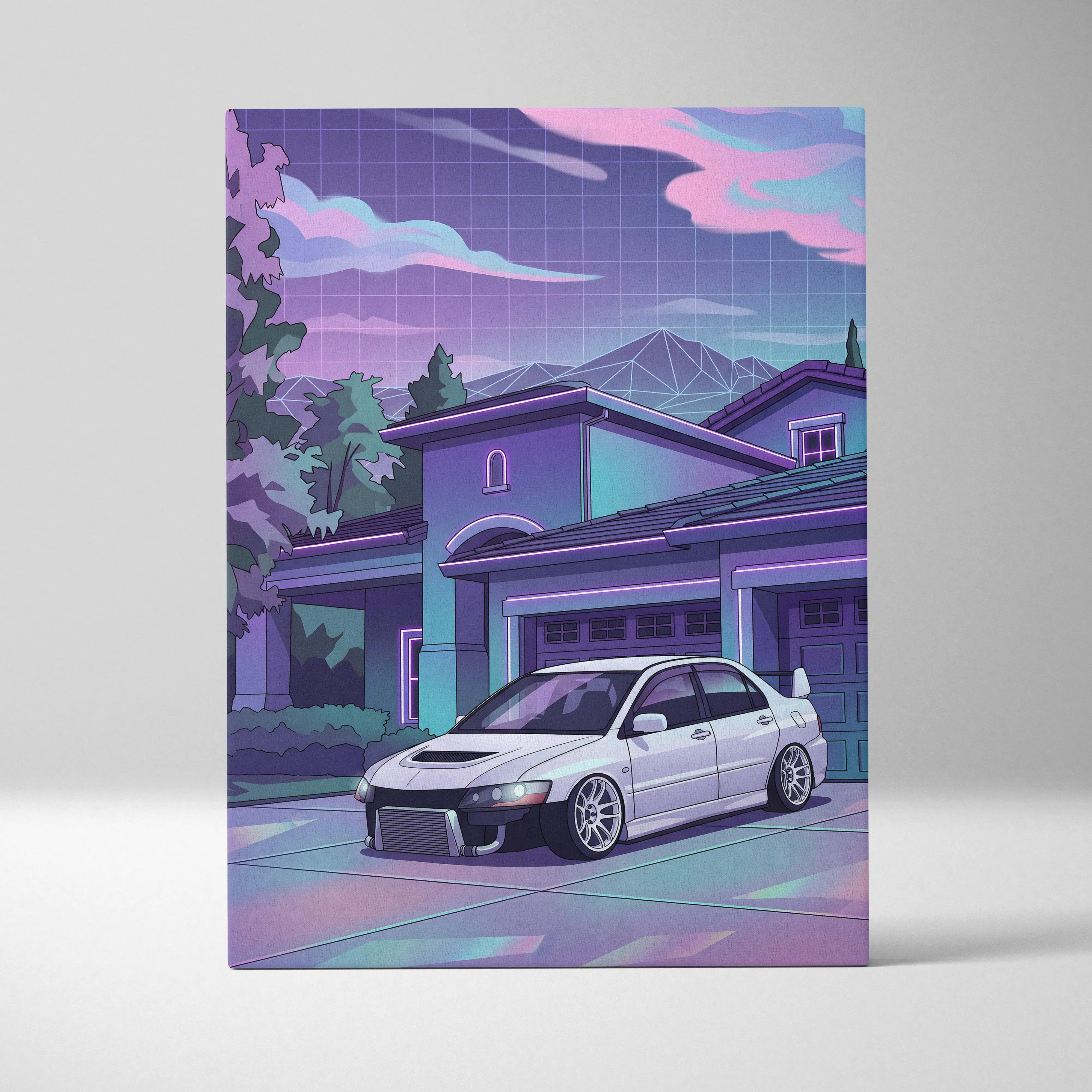 Mitsubishi Lancer Evo Inspired White Purple Canvas Wall Art Vaporwave JDM Car Artwork, Neon Suburban Garage Decor Retro Futuristic Print