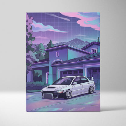 Mitsubishi Lancer Evo Inspired White Purple Canvas Wall Art Vaporwave JDM Car Artwork, Neon Suburban Garage Decor Retro Futuristic Print