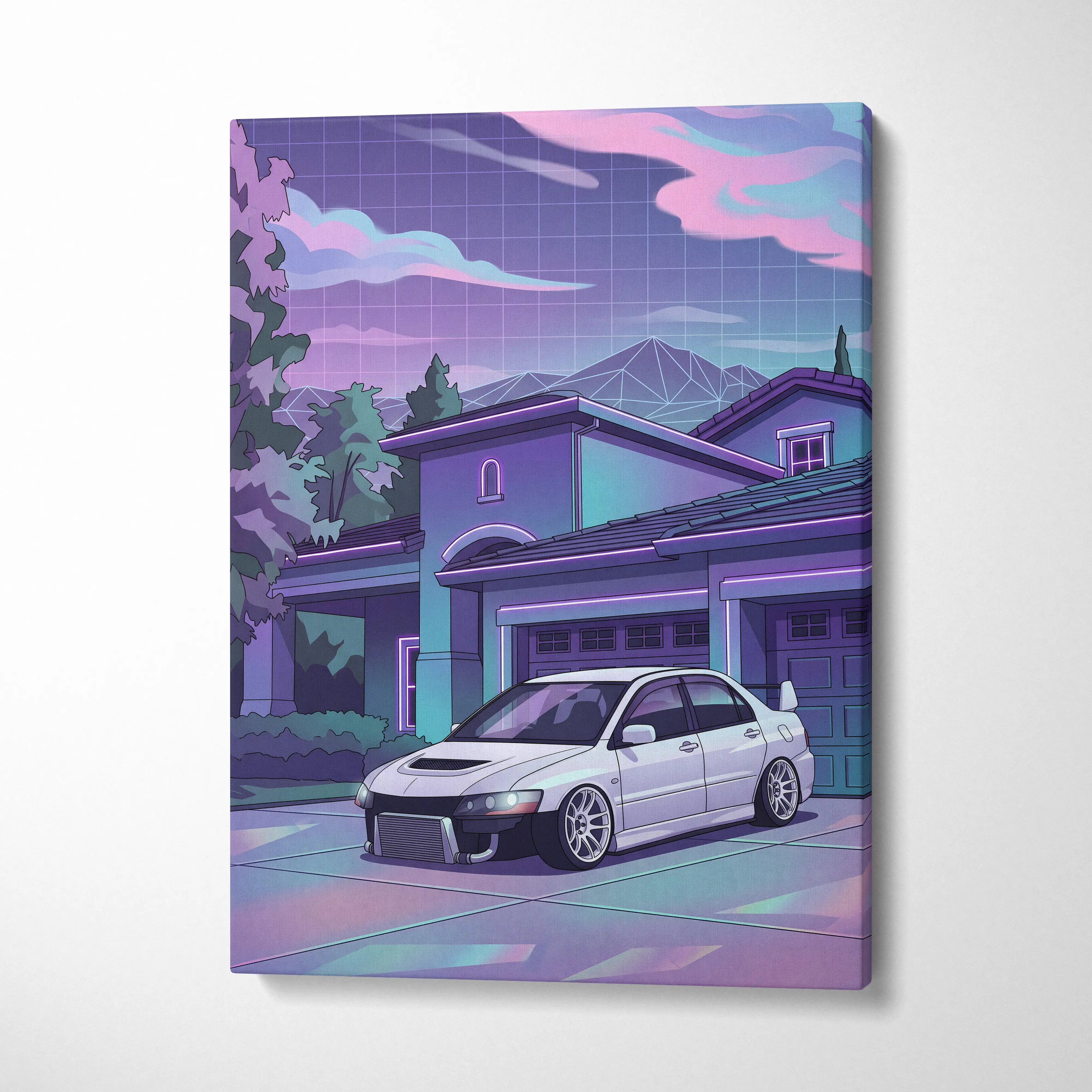 Mitsubishi Lancer Evo Inspired White Purple Canvas Wall Art Vaporwave JDM Car Artwork, Neon Suburban Garage Decor Retro Futuristic Print