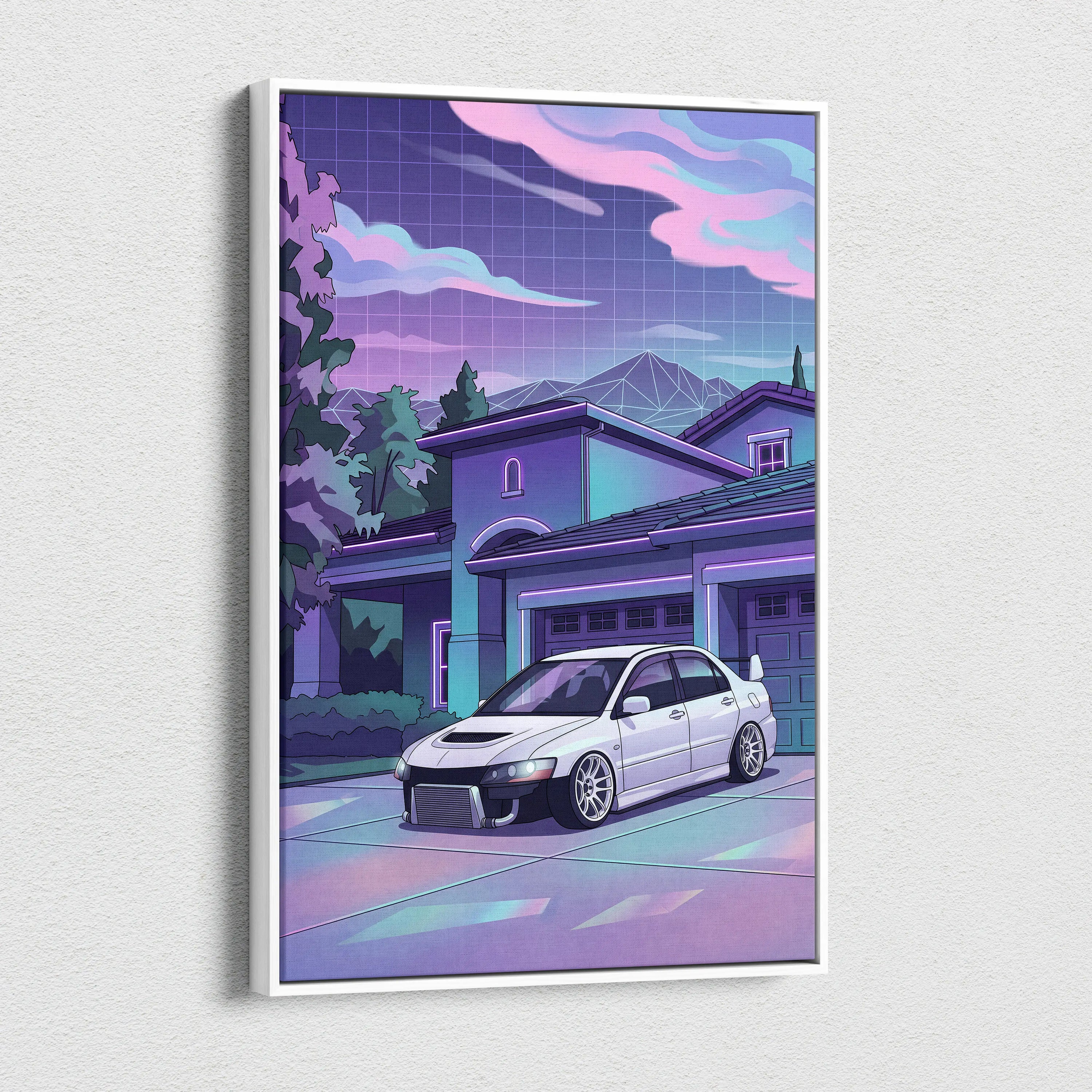 Mitsubishi Lancer Evo Inspired White Purple Canvas Wall Art Vaporwave JDM Car Artwork, Neon Suburban Garage Decor Retro Futuristic Print