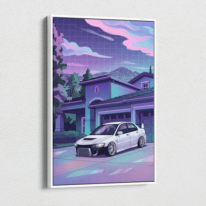 Mitsubishi Lancer Evo Inspired White Purple Canvas Wall Art Vaporwave JDM Car Artwork, Neon Suburban Garage Decor Retro Futuristic Print