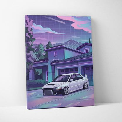 Mitsubishi Lancer Evo Inspired White Purple Canvas Wall Art Vaporwave JDM Car Artwork, Neon Suburban Garage Decor Retro Futuristic Print