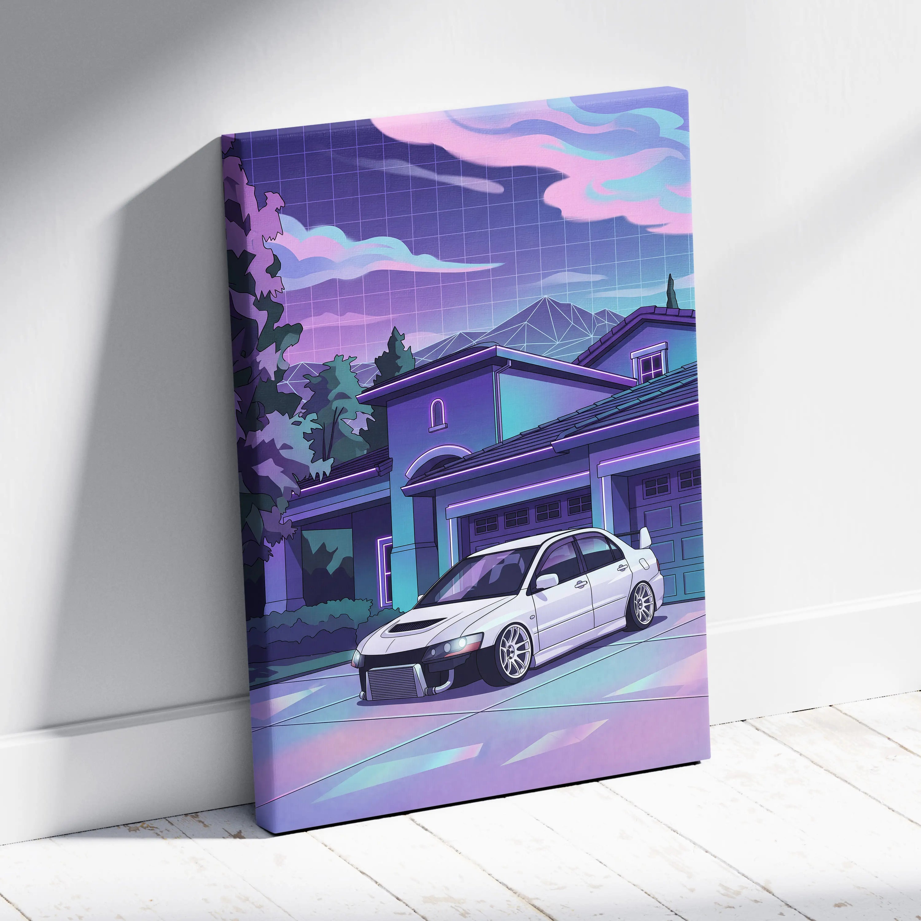 Mitsubishi Lancer Evo Inspired White Purple Canvas Wall Art Vaporwave JDM Car Artwork, Neon Suburban Garage Decor Retro Futuristic Print