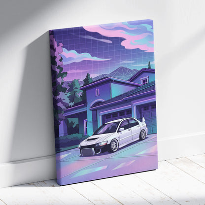 Mitsubishi Lancer Evo Inspired White Purple Canvas Wall Art Vaporwave JDM Car Artwork, Neon Suburban Garage Decor Retro Futuristic Print