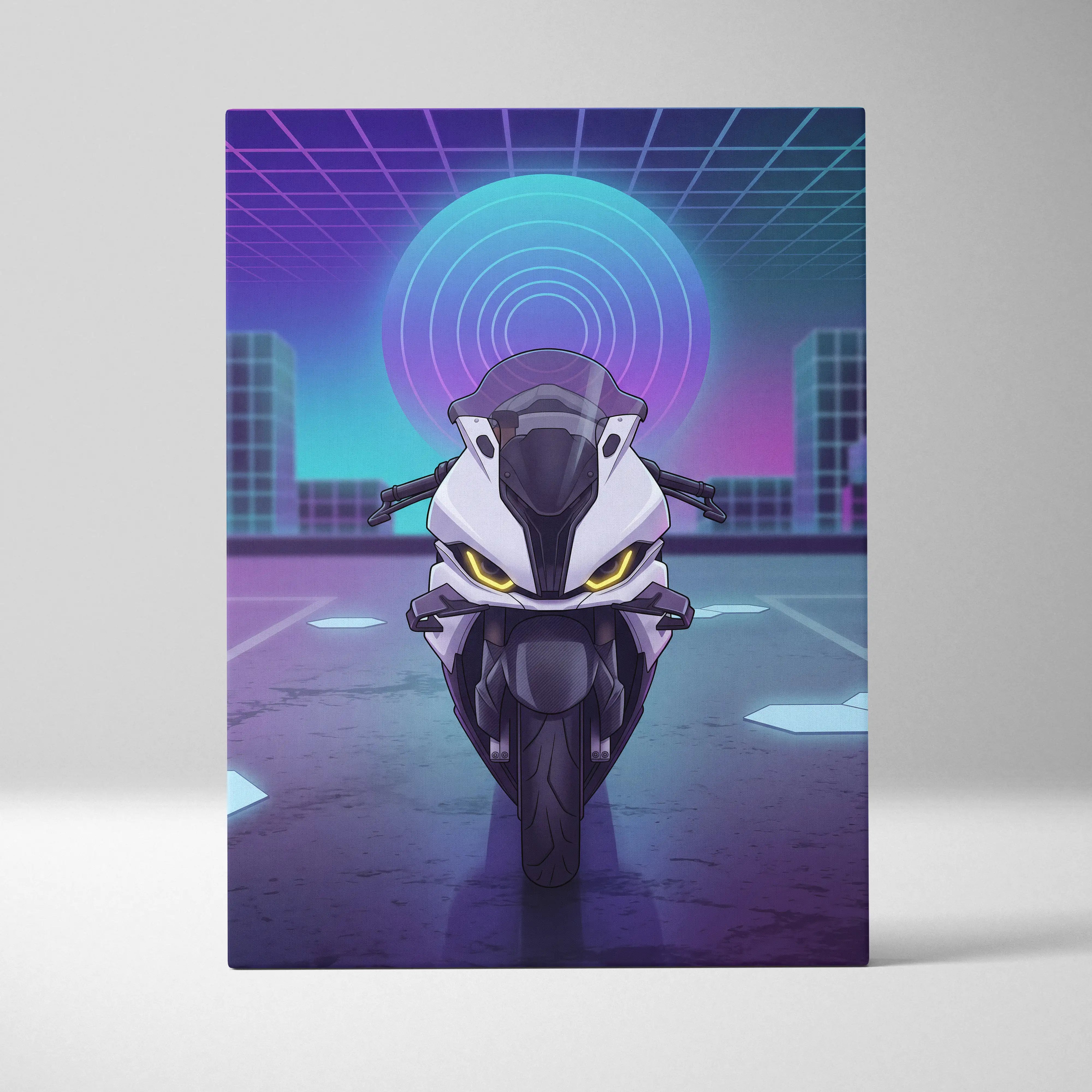BMW S1000RR Inspired White Purple Motorcycle Canvas Wall Art Vaporwave Neon Sportbike Garage Decor Futuristic Racing Artwork