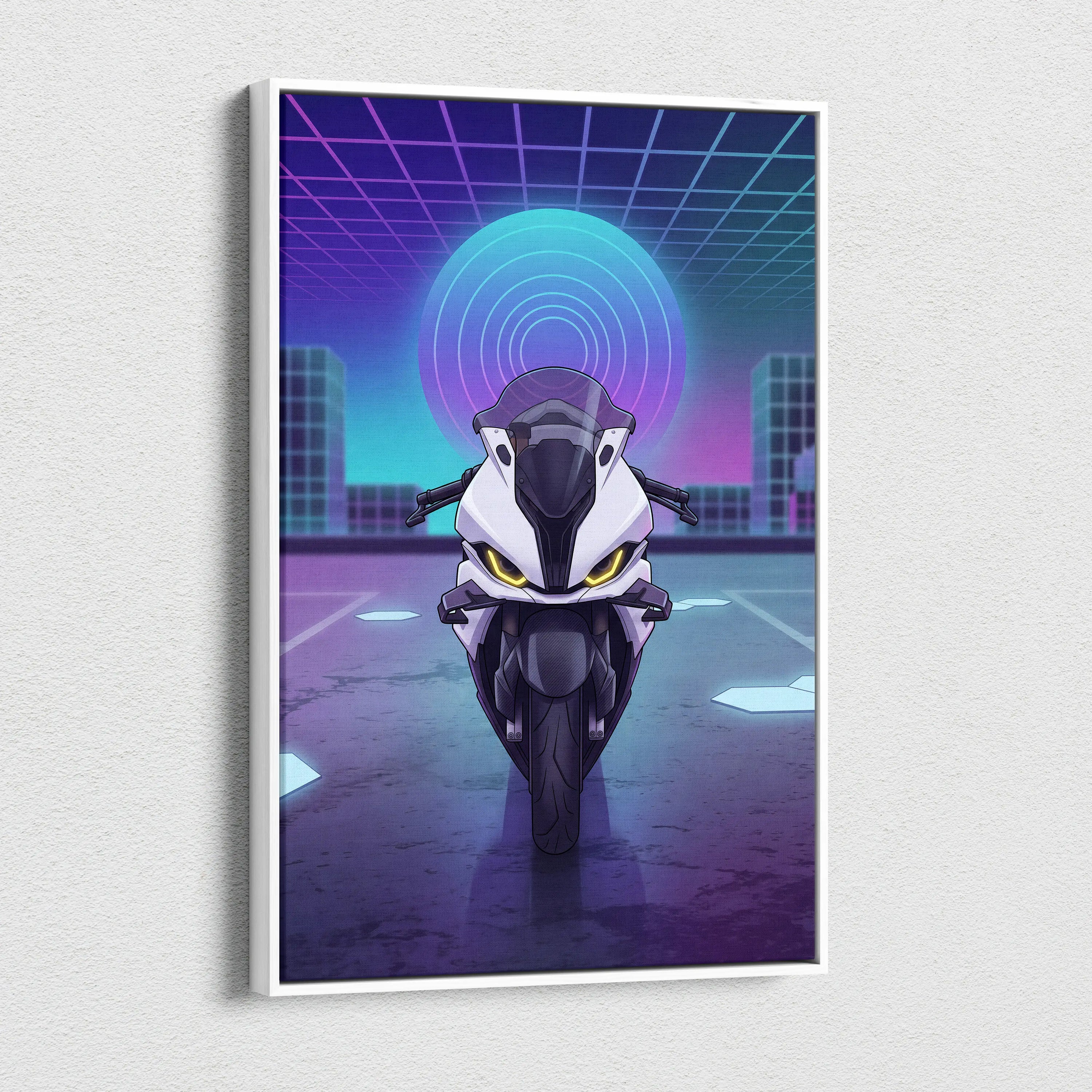 BMW S1000RR Inspired White Purple Motorcycle Canvas Wall Art Vaporwave Neon Sportbike Garage Decor Futuristic Racing Artwork