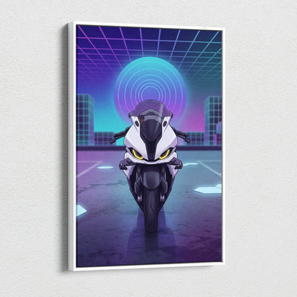 BMW S1000RR Inspired White Purple Motorcycle Canvas Wall Art Vaporwave Neon Sportbike Garage Decor Futuristic Racing Artwork