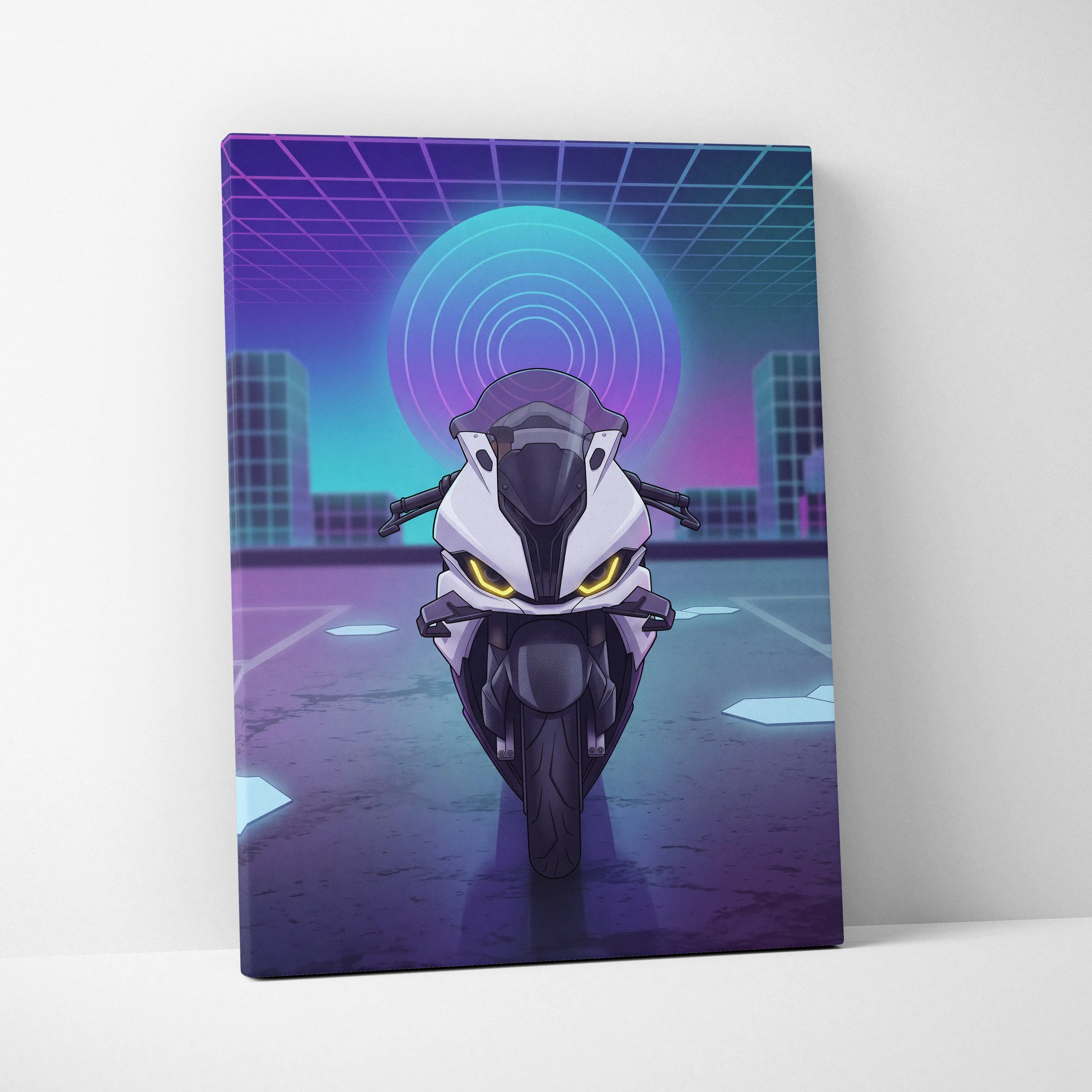 BMW S1000RR Inspired White Purple Motorcycle Canvas Wall Art Vaporwave Neon Sportbike Garage Decor Futuristic Racing Artwork