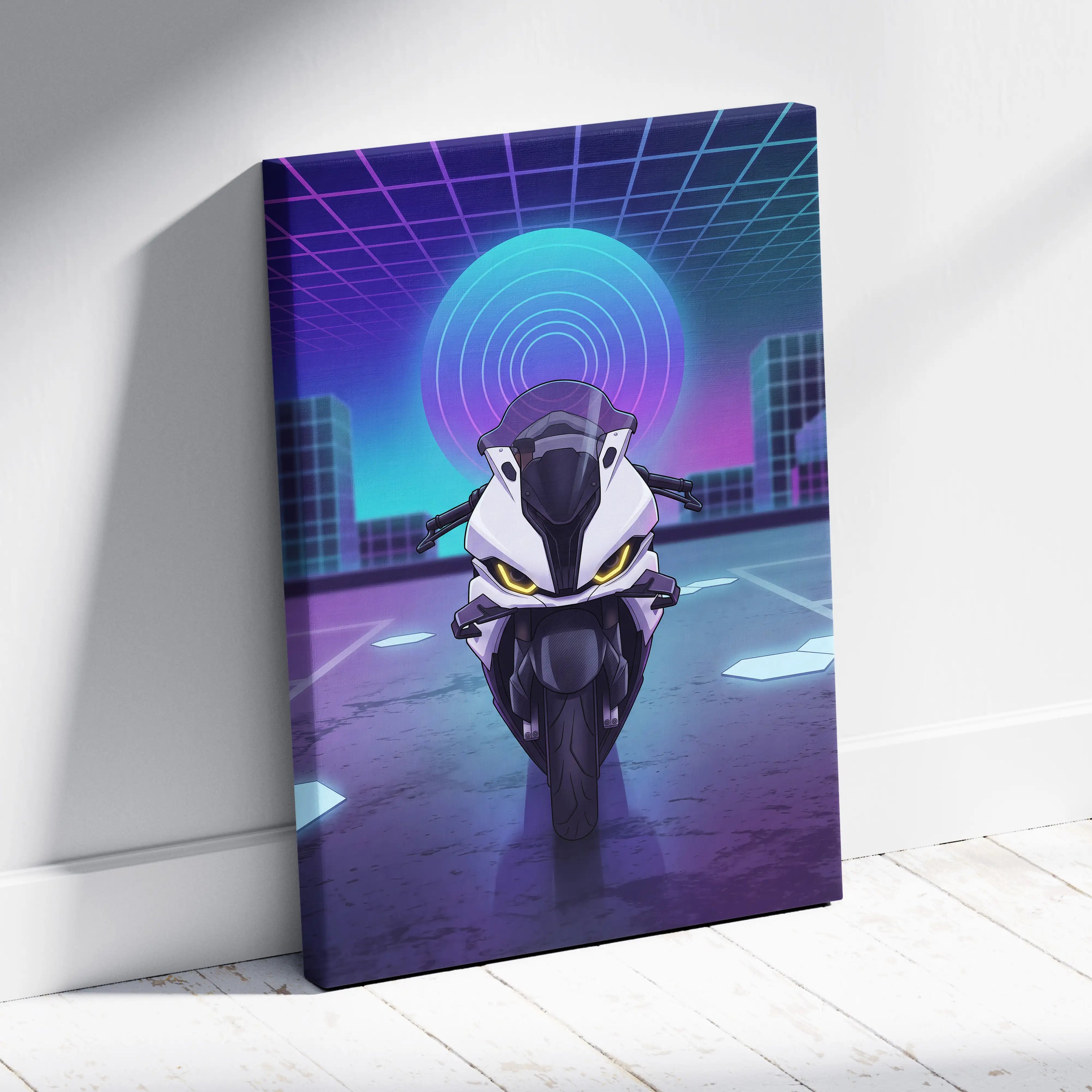 BMW S1000RR Inspired White Purple Motorcycle Canvas Wall Art Vaporwave Neon Sportbike Garage Decor Futuristic Racing Artwork