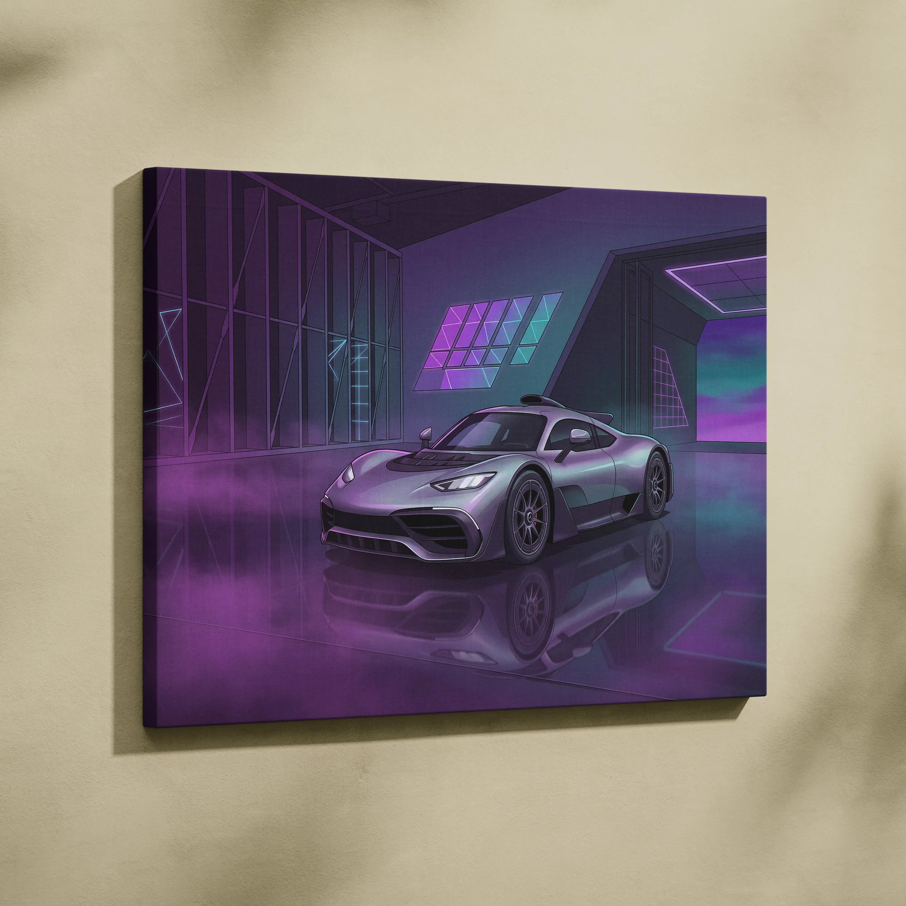 Mercedes-AMG One Inspired Silver Purple Canvas Wall Art, Neon Vaporwave Hypercar Artwork for Modern Garage Decor